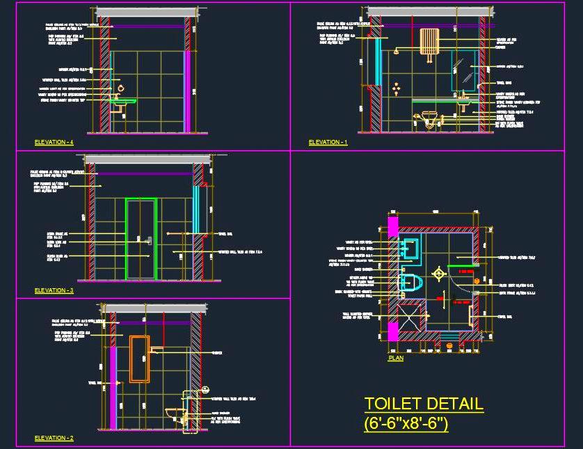 Toilet Design DWG-  (6'-6x8'-6) Complete Working Drawing Details